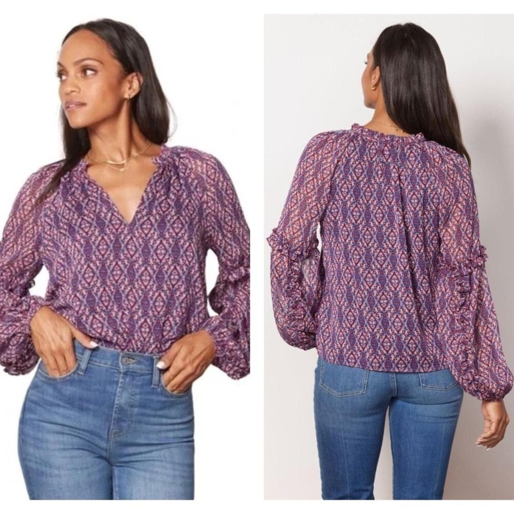 Evereve Womens Maroon V Neck Sheer Sleeve Boho Peasant Shirt Womens Large Maroon